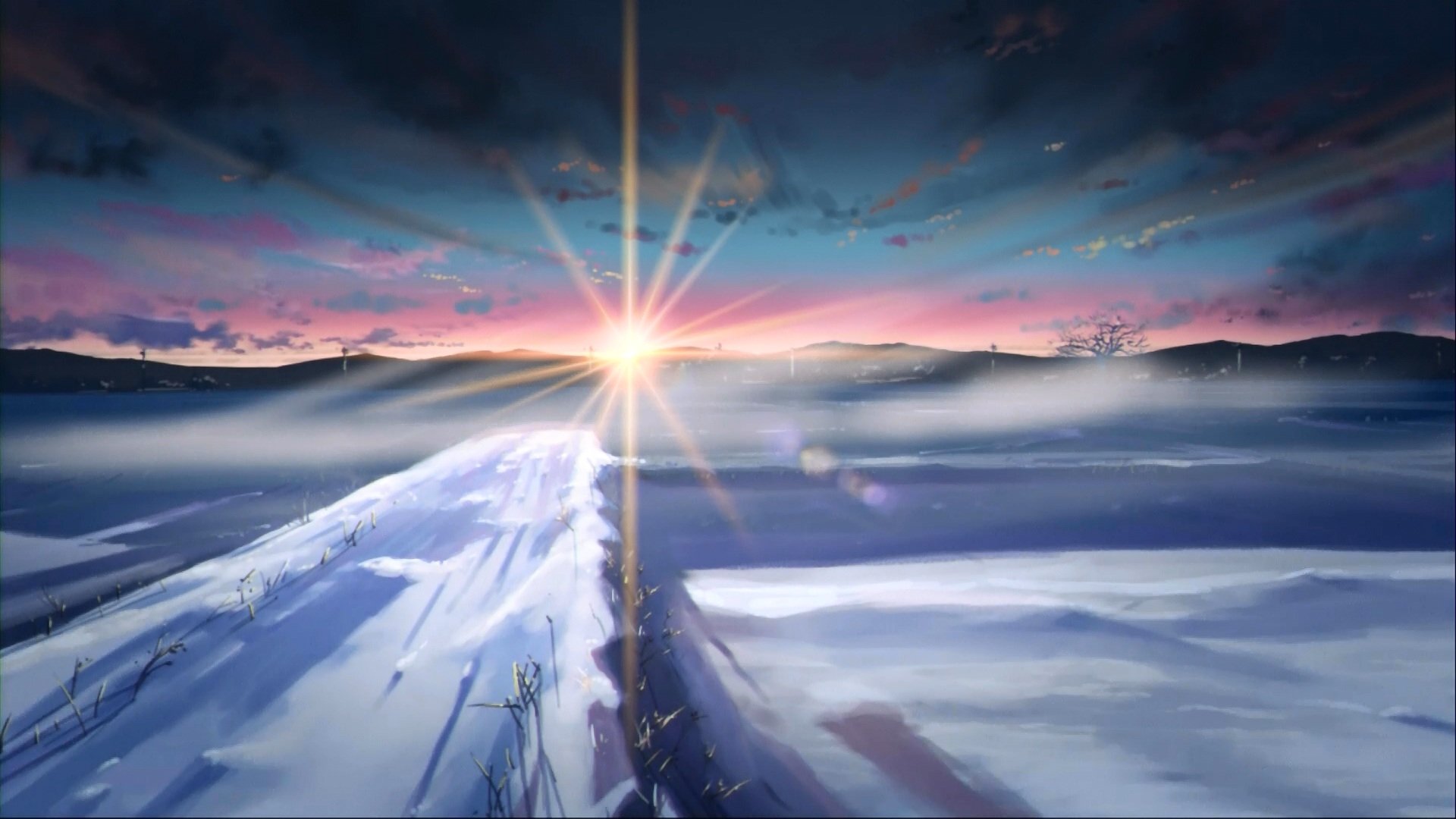 HD anime desktop wallpaper from 5 Centimeters per Second featuring a serene snowy landscape at sunset with a radiant sun and distant mountains.
