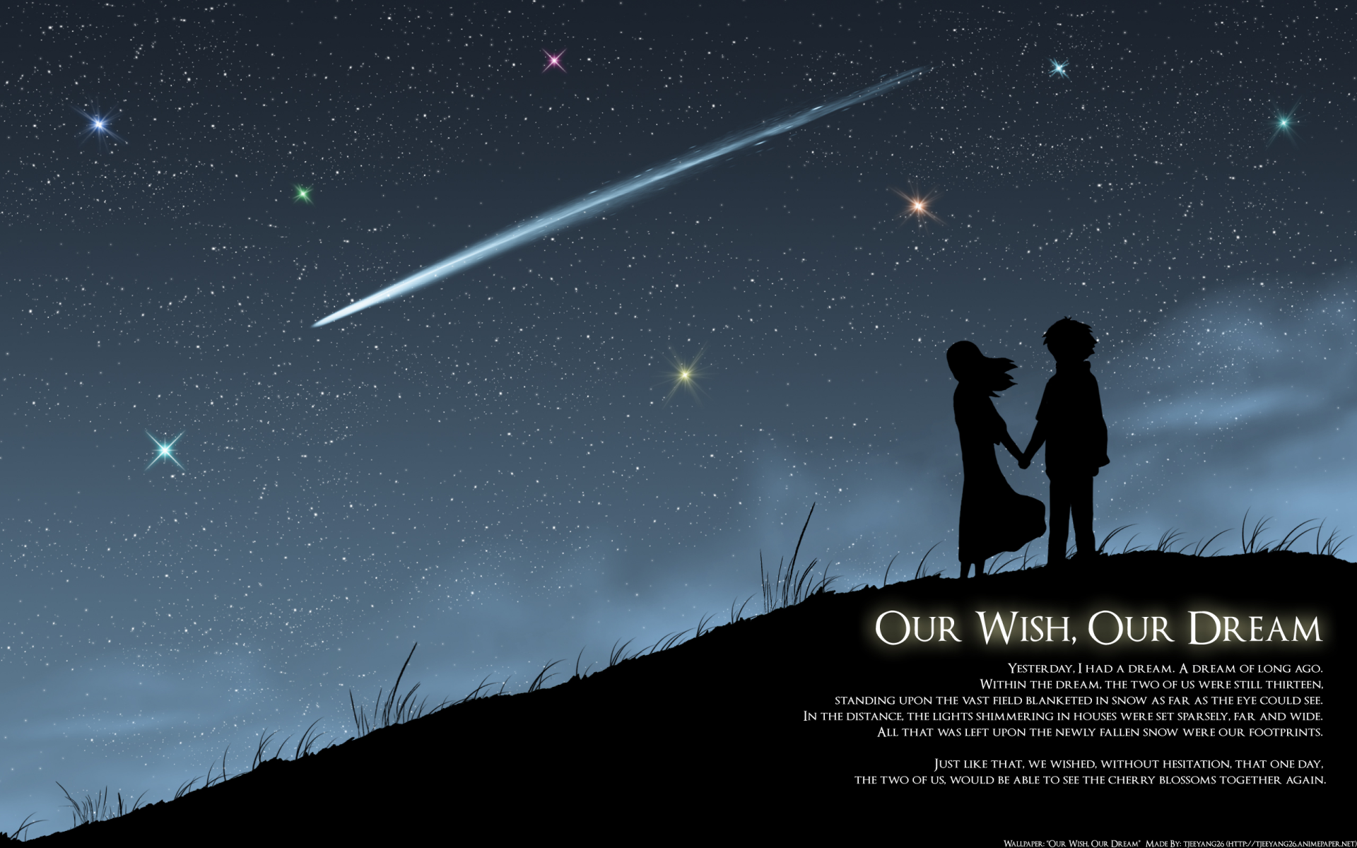 HD anime desktop wallpaper from 5 Centimeters per Second featuring two silhouetted characters under a starry night sky with a bright shooting star above.