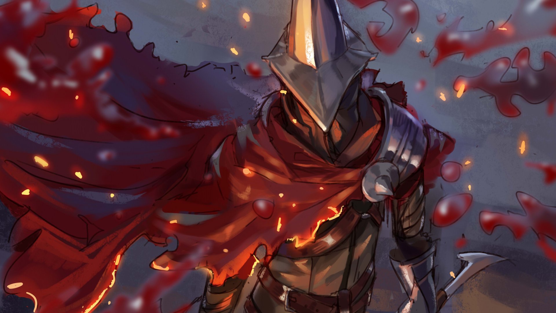 A dark, atmospheric HD wallpaper featuring a cloaked warrior from Dark Souls III, exuding an aura of mystery amidst swirling crimson smoke.