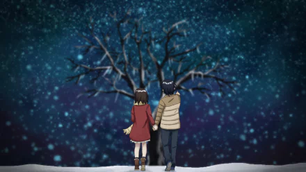 Satoru Fujinuma and Kayo Hinazuki stand hand in hand against a snowy backdrop, gazing at a starry sky and barren tree in this evocative scene from the anime Erased.