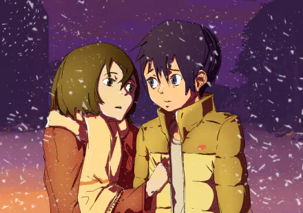 A captivating HD desktop wallpaper featuring Satoru Fujinuma and Kayo Hinazuki from the anime Erased, set against a snowy backdrop that enhances the emotional scene.