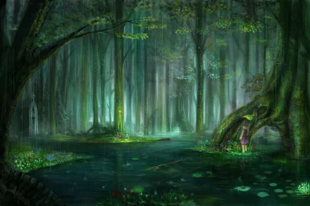 HD desktop wallpaper featuring a serene forest scene from the anime Touhou. A little girl, Suwako Moriya, stands next to a large tree in a fantasy setting, surrounded by lush greenery and mist.