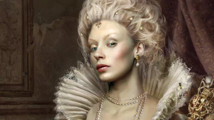 A medieval fantasy-inspired woman with white hair wears a stunning pearl necklace, set against an intricate background, creating a captivating HD desktop wallpaper.