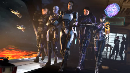 A group of fierce women warriors from Mass Effect, including Miranda Lawson, Tali'Zorah, Liara T'Soni, and Ashley Williams, ready for action in an intense video game backdrop.