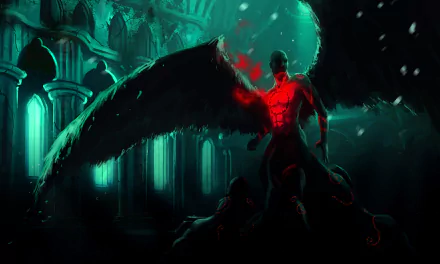 Dark fantasy HD PC desktop wallpaper: a fallen angel with massive black wings and a glowing red chest magic, standing in a ruined cathedral bathed in teal light.