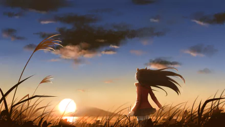 HD PC desktop wallpaper featuring Rin Tohsaka from the anime Fate/Stay Night standing in a field during sunset with wind blowing through her hair.