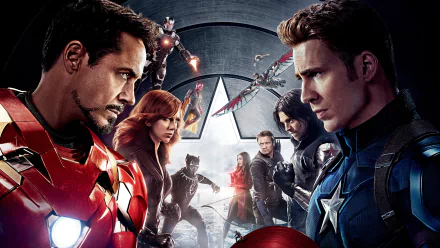 HD desktop wallpaper featuring characters from the movie Captain America: Civil War, including Iron Man and Captain America facing off, with other characters in the background.
