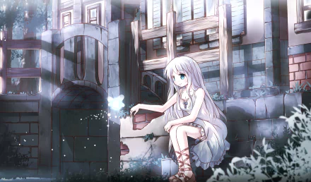 HD anime-style original desktop wallpaper featuring a serene girl with long white hair in a detailed, abandoned urban setting bathed in soft, cool lighting.