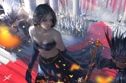A stunning HD desktop wallpaper featuring a character from the comic GhostBlade, adorned in dark attire, walking along a majestic red path with ethereal butterflies around her.