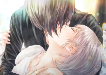 A romantic anime scene featuring two characters kissing, with the female character having short white hair. This HD wallpaper captures a moment of love and intimacy.
