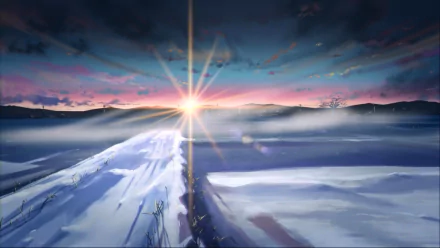 HD anime desktop wallpaper from 5 Centimeters per Second featuring a serene snowy landscape at sunset with a radiant sun and distant mountains.