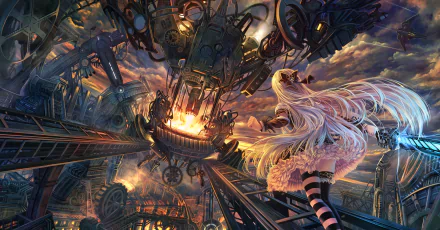 HD anime wallpaper featuring an original character with long white hair in a mechanical.industrial setting, showcasing intricate details and vivid colors.
