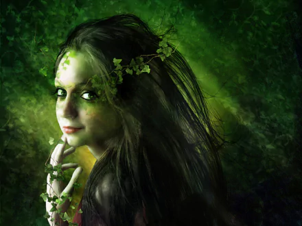 HD fantasy desktop wallpaper of a woman with long dark hair adorned with green leaves, set against a lush, vibrant forest background in varying shades of green.