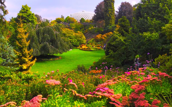 A vibrant scene from the Queen Elizabeth Gardens in Vancouver, showcasing lush greenery, blooming flowers, and diverse trees, all bathed in the beauty of spring.