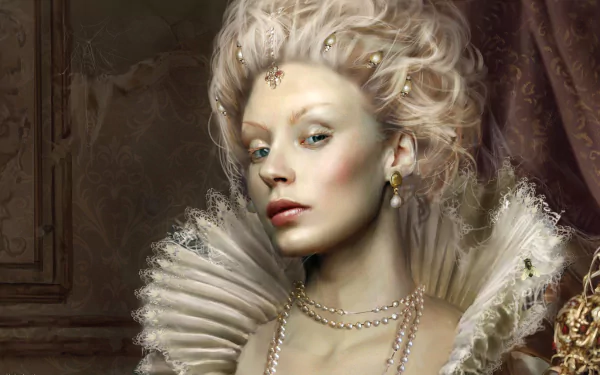 A medieval fantasy-inspired woman with white hair wears a stunning pearl necklace, set against an intricate background, creating a captivating HD desktop wallpaper.