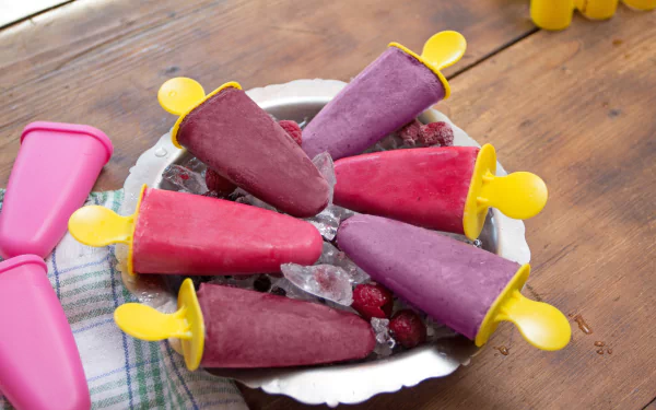 Raspberry and berry ice cream pops on crushed ice, yellow-handled molds arranged on a plate — summer food wallpaper with 5K Ultra HD detail and ice climbing textures.