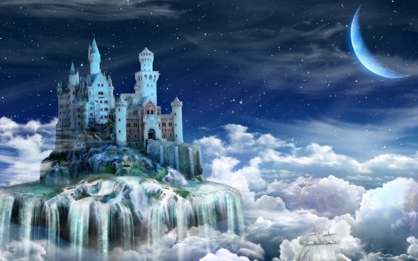 Fantasy Castle Castles Cloud Star Stars Moon Floating Island HD Wallpaper | Background Image