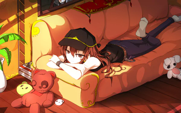 Anime-style HD PC desktop wallpaper from Pixiv Fantasia T, depicting a girl in casual clothes lounging on an orange sofa surrounded by plush toys in a sunlit room.