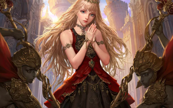 Fantasy HD desktop wallpaper from Legend of the Cryptids featuring a blonde woman with blue eyes, long hair, adorned with jewelry and a crown, set in an ornate, mystical environment.