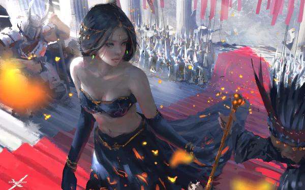 A stunning HD desktop wallpaper featuring a character from the comic GhostBlade, adorned in dark attire, walking along a majestic red path with ethereal butterflies around her.