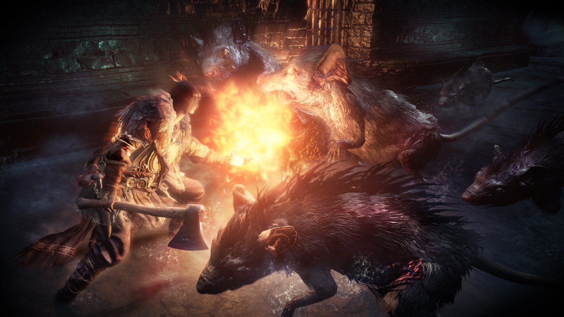 A 4K Ultra HD Dark Souls III scene featuring a character battling giant rats in a dark, fiery dungeon setting from the video game.