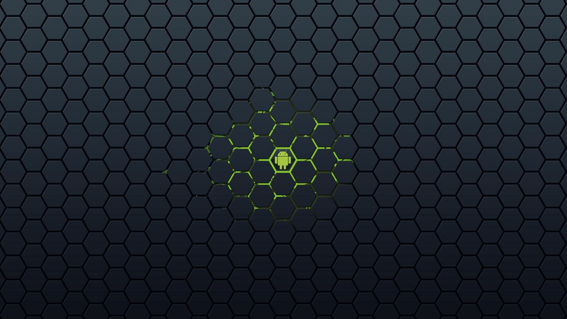 HD PC desktop wallpaper featuring a hexagonal pattern with a glowing green Android logo at the center, blending technology and Android OS themes.