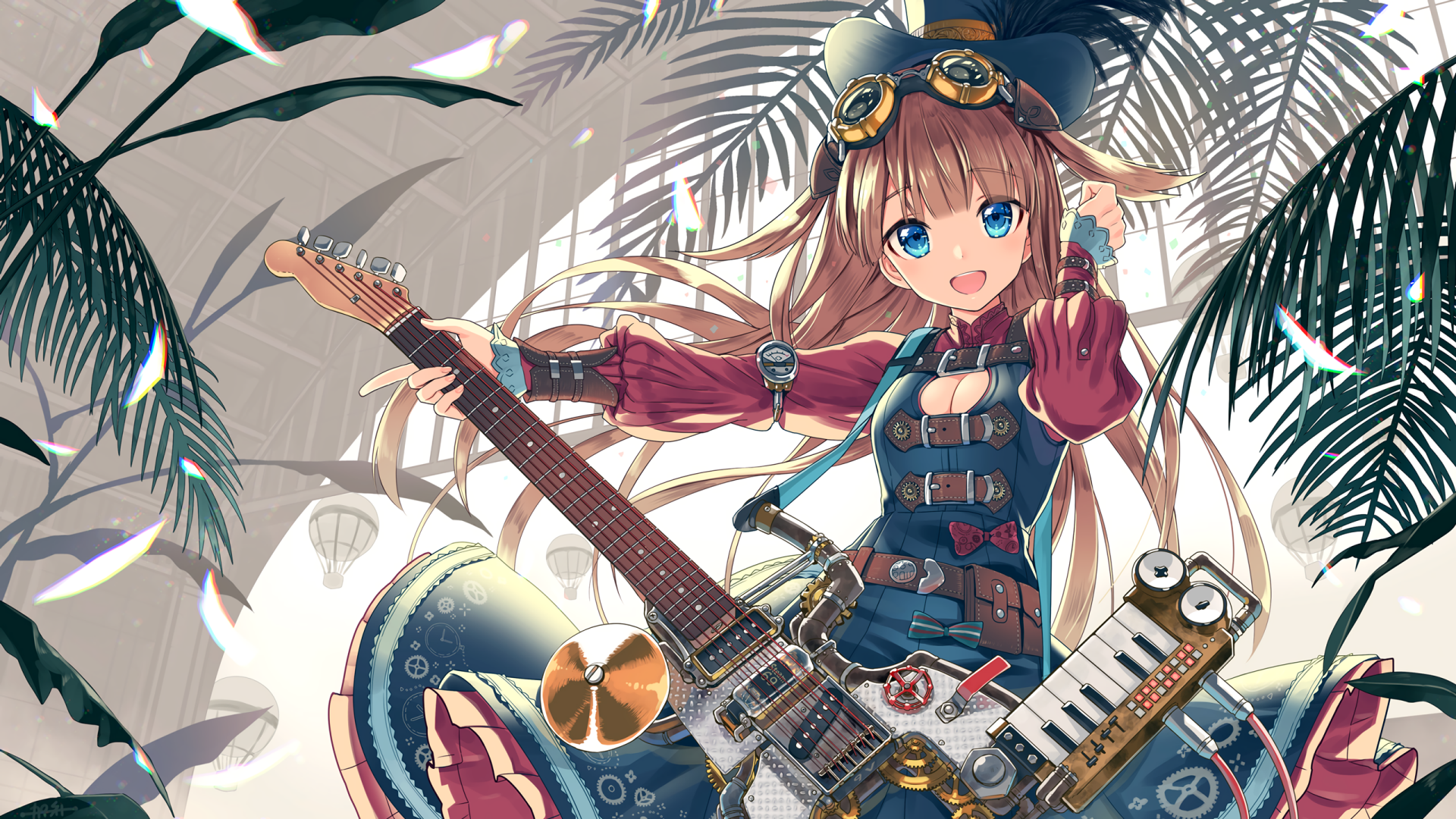 HD anime wallpaper featuring a character with long brown hair, dressed in steampunk attire, holding a futuristic guitar. She stands confidently under tropical leaves with a bright, cheerful expression.