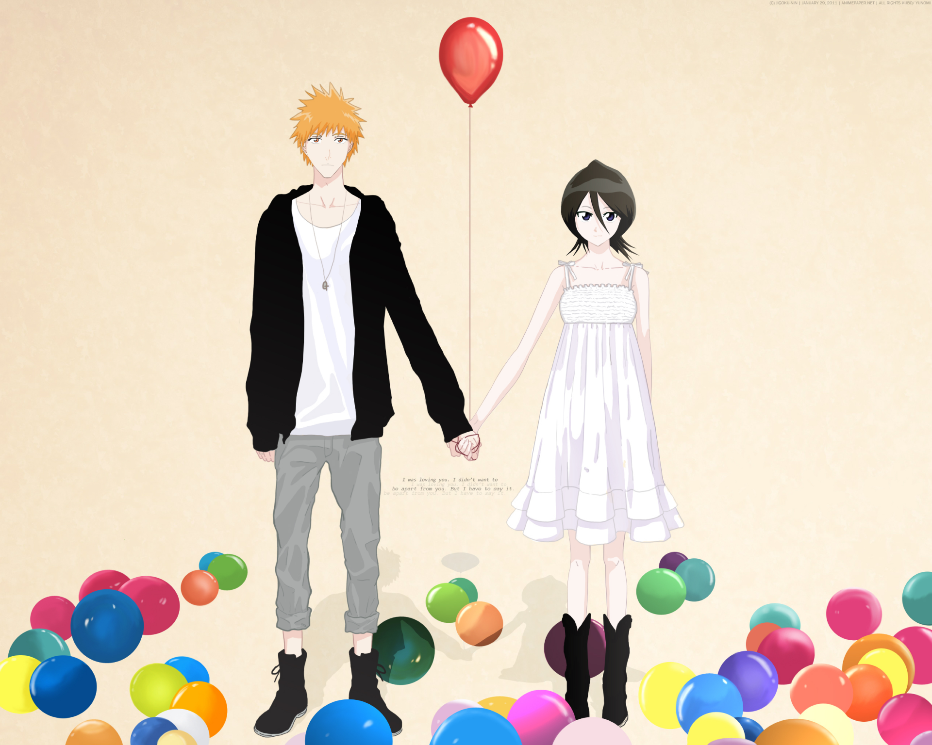 HD anime wallpaper of Bleach characters Ichigo Kurosaki and Rukia Kuchiki holding hands amid colorful balls and a heart-shaped balloon, soft pastel background for PC desktop.