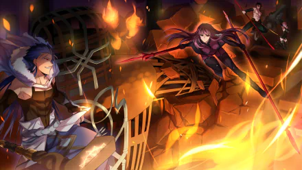 An intense anime scene featuring Shielder and Scathach from Fate/Grand Order, surrounded by flames and destruction, designed as a high-definition wallpaper.