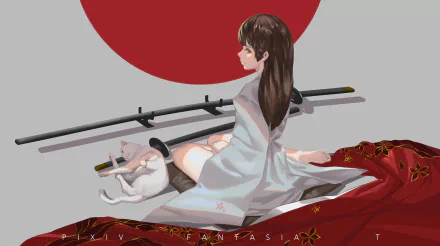 Anime Pixiv Fantasia T 4K Ultra HD PC desktop wallpaper: brown-haired woman in a white robe sits on a red patterned cloth with swords behind her and a sleeping cat beneath a red sun.