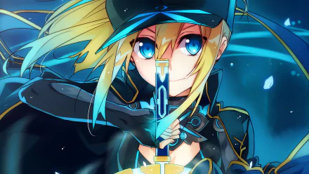 An HD desktop wallpaper featuring Heroine X from the Fate Series, showcasing her with striking blue eyes and an iconic sword, set against a dynamic, vibrant background.