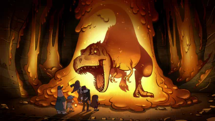 HD desktop wallpaper featuring a scene from the TV show Gravity Falls with characters encountering a massive Tyrannosaurus Rex surrounded by glowing amber.