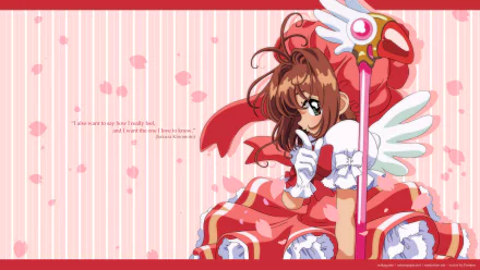 HD anime desktop wallpaper featuring Cardcaptor Sakura holding her magical staff against a pink striped background with cherry blossom petals and an inspiring quote.