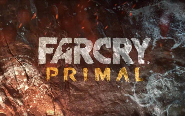 HD PC desktop wallpaper featuring the Far Cry Primal logo set against a textured background with fiery and icy elements, representing the video game’s primal theme.