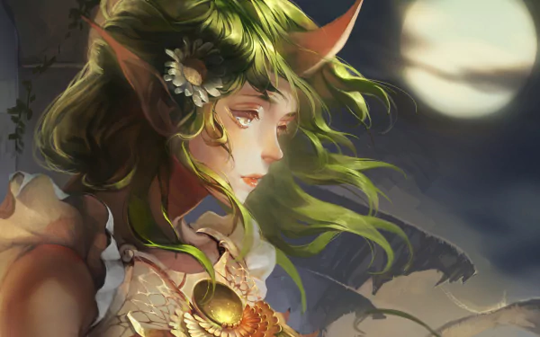 HD PC desktop wallpaper featuring Soraka from League of Legends, showcasing her serene expression and ethereal green hair against a moonlit background.