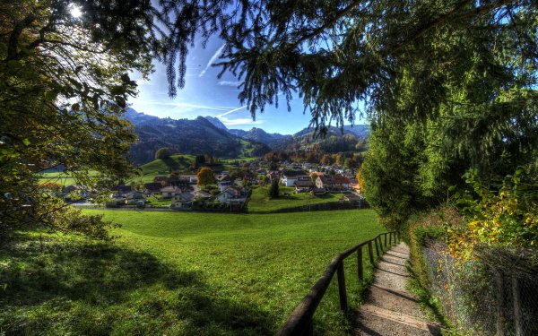 Man Made Village Switzerland House Green Mountain Tree HD Wallpaper | Background Image