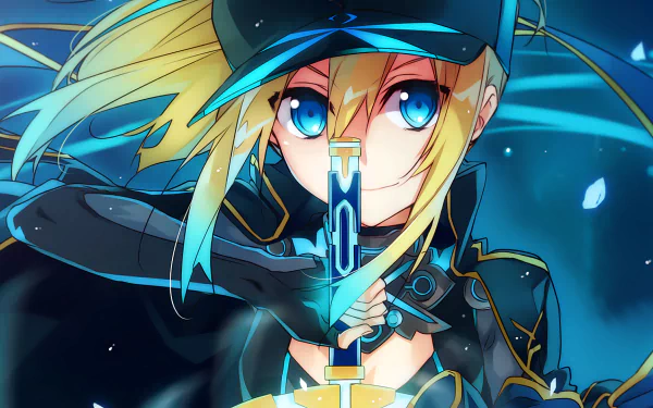 An HD desktop wallpaper featuring Heroine X from the Fate Series, showcasing her with striking blue eyes and an iconic sword, set against a dynamic, vibrant background.