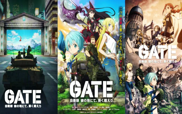Anime-inspired HD desktop wallpaper featuring multiple scenes from Gate (2015), showcasing vibrant characters and action-packed moments.