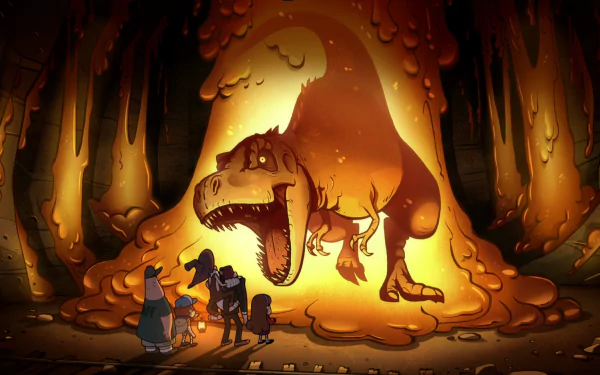 HD desktop wallpaper featuring a scene from the TV show Gravity Falls with characters encountering a massive Tyrannosaurus Rex surrounded by glowing amber.