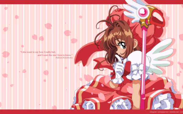 HD anime desktop wallpaper featuring Cardcaptor Sakura holding her magical staff against a pink striped background with cherry blossom petals and an inspiring quote.