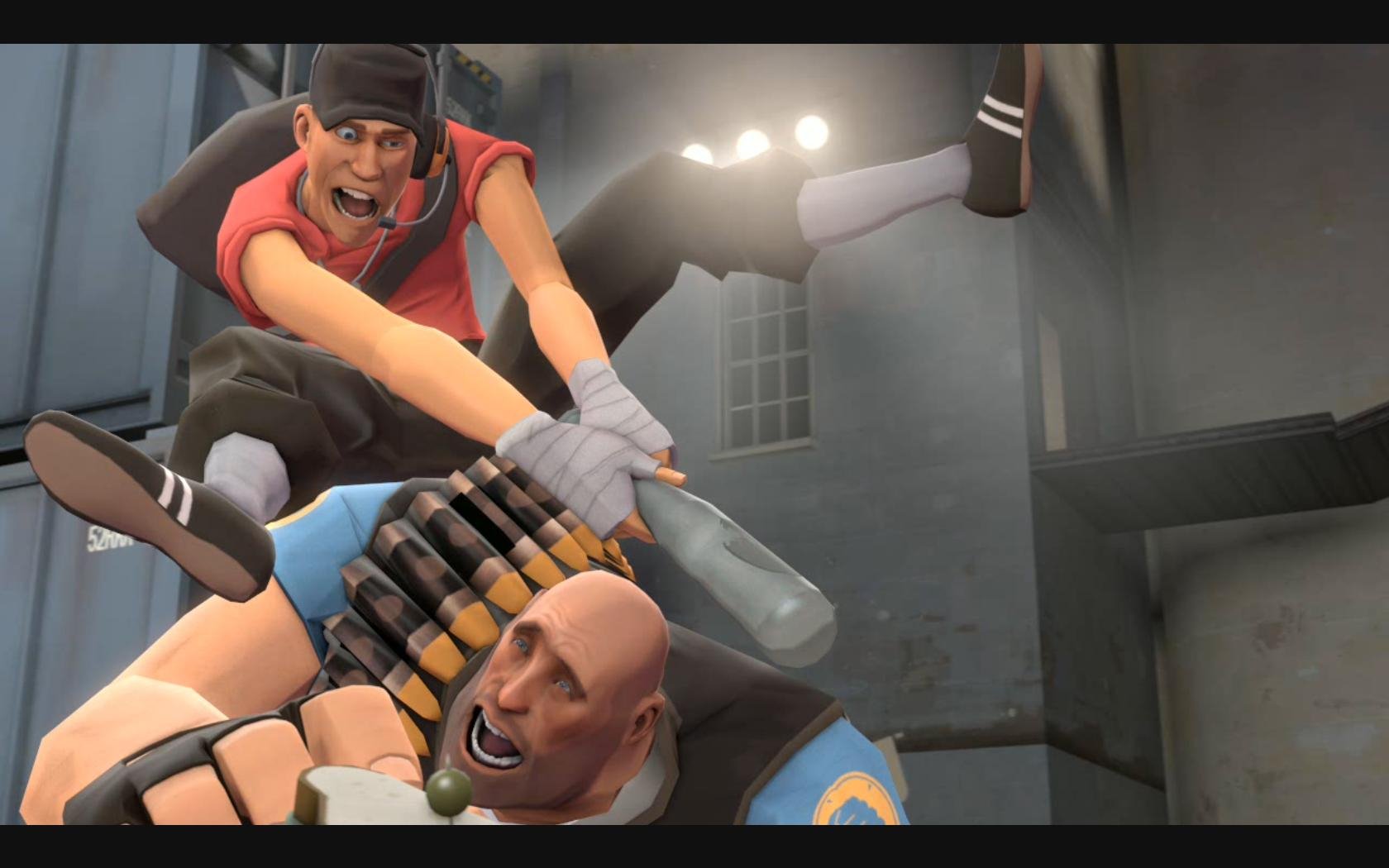 A vibrant HD wallpaper from Team Fortress 2, featuring dynamic characters: the Scout energetically leaping over the Heavy in an action-packed scene.