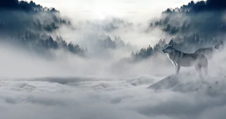 HD wallpaper of a majestic wolf standing on a fog-covered mountain with a dense, misty forest in the background under a cloudy sky.
