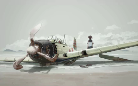An HD wallpaper featuring Fubuki from Kantai Collection, standing by a vintage aircraft on a serene beach backdrop, capturing a moment of solitude and nostalgia.