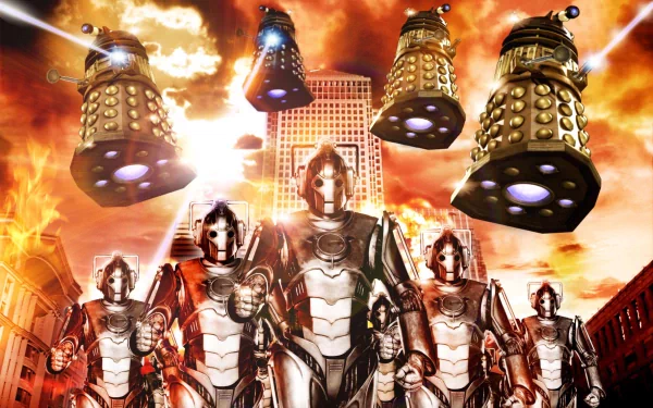 A dramatic Doctor Who HD wallpaper featuring Daleks and Cybermen against a fiery skyline, showcasing the iconic villains from the beloved TV series.