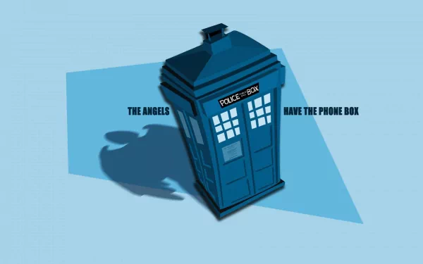 A stylized HD wallpaper of the TARDIS from the TV show Doctor Who (2005), featuring the text The Angels Have the Phone Box against a soft blue background.