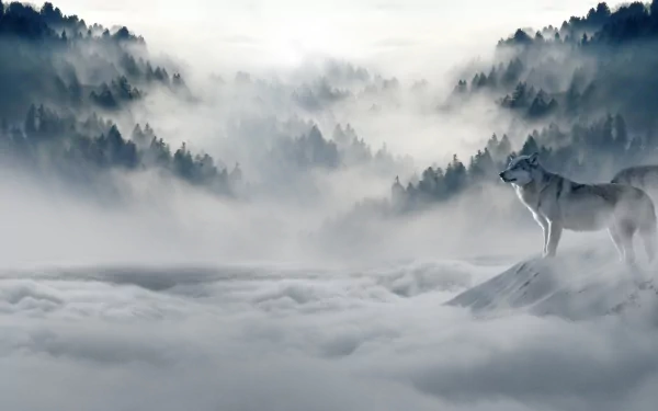 HD wallpaper of a majestic wolf standing on a fog-covered mountain with a dense, misty forest in the background under a cloudy sky.