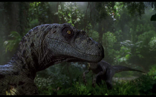A striking HD wallpaper featuring a velociraptor from the movie Jurassic Park III, set against a lush, verdant jungle backdrop.