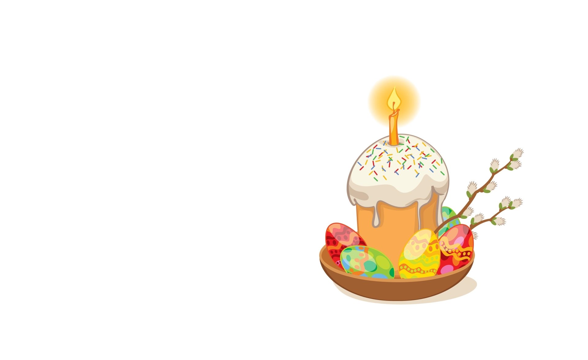 A minimalist HD wallpaper featuring a festive birthday cake with a candle, surrounded by colorful Easter eggs and decorative branches, capturing the joy of holiday celebrations.