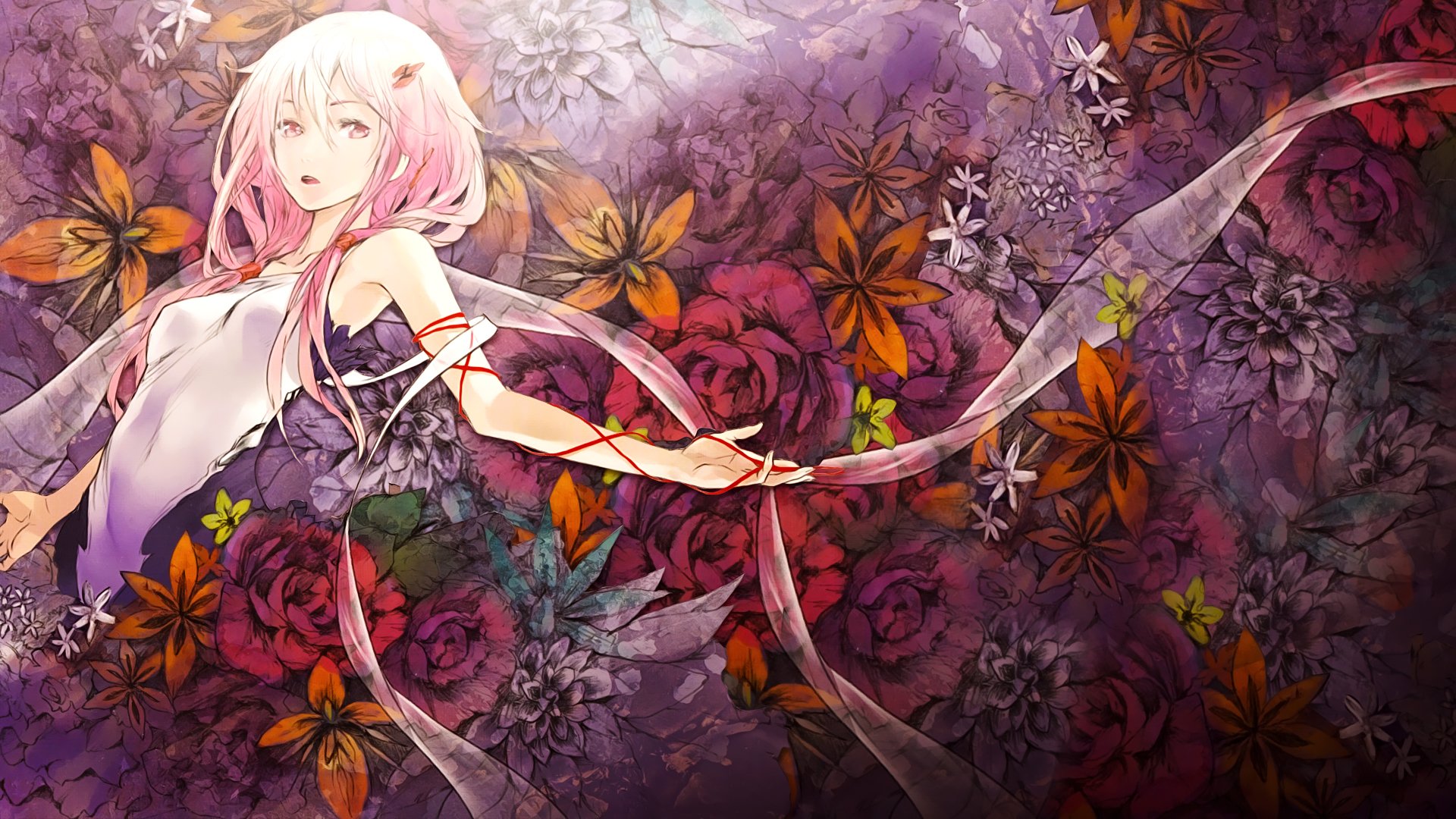 HD desktop wallpaper featuring Inori Yuzuriha from Guilty Crown, with long pink hair, set against a floral background with vibrant flowers and butterflies.