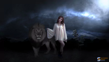 Photography, manipulation; 2K Quad HD PC desktop wallpaper/background: a woman in a flowing white dress stands beside a lion beneath stormy, moonlit clouds with cinematic, moody lighting.